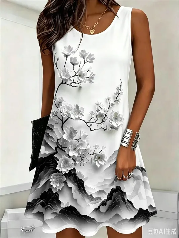 Flower Pattern Women Mini Dresses Summer Sleeveless 3D Floral Printed Street Style Ladies Dress 3XL Plus Size Loose Casual Dress