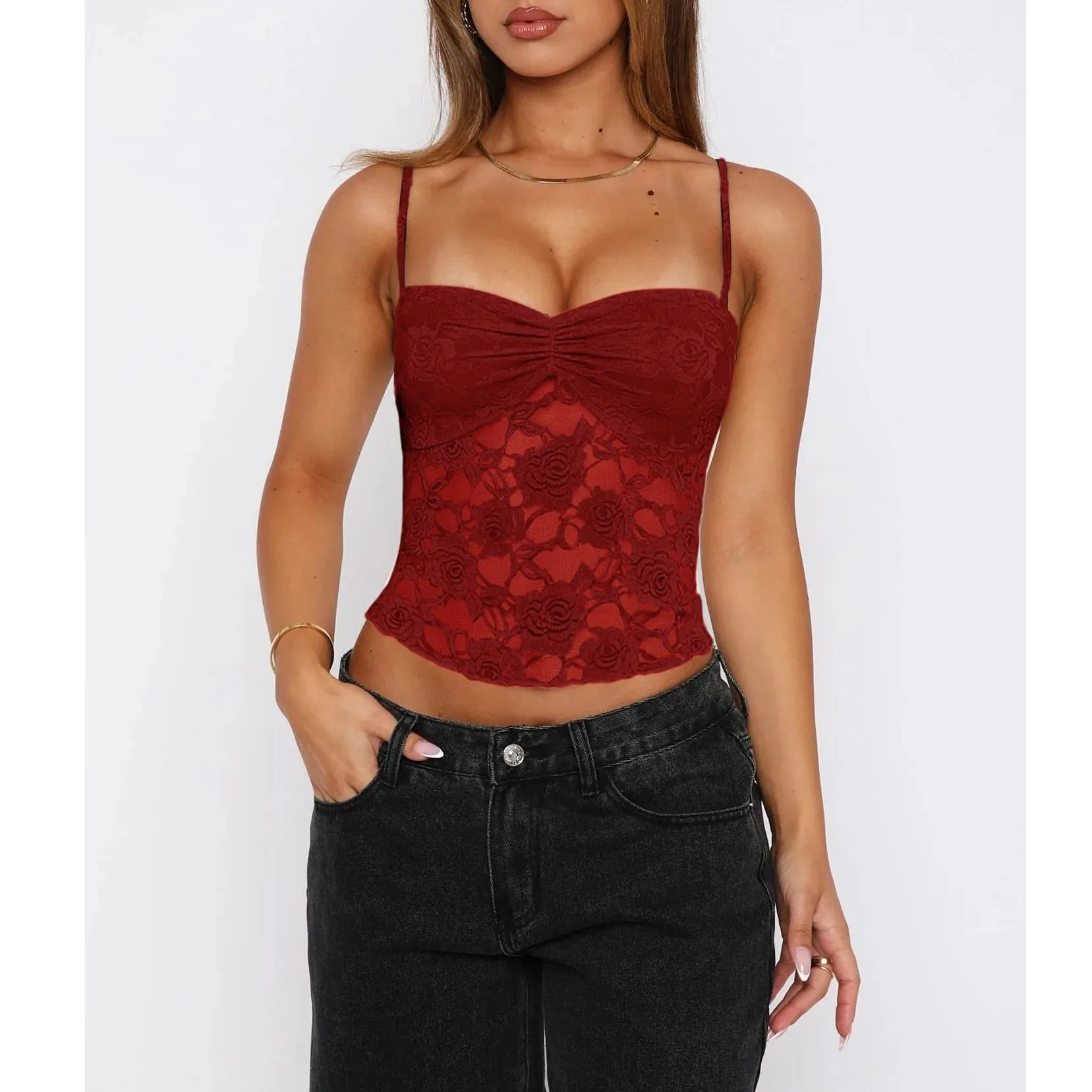 Women's Summer Lace Cami Tops Sleeveless Ruched Front Solid Color Camisole Slim Fit Tank Tops