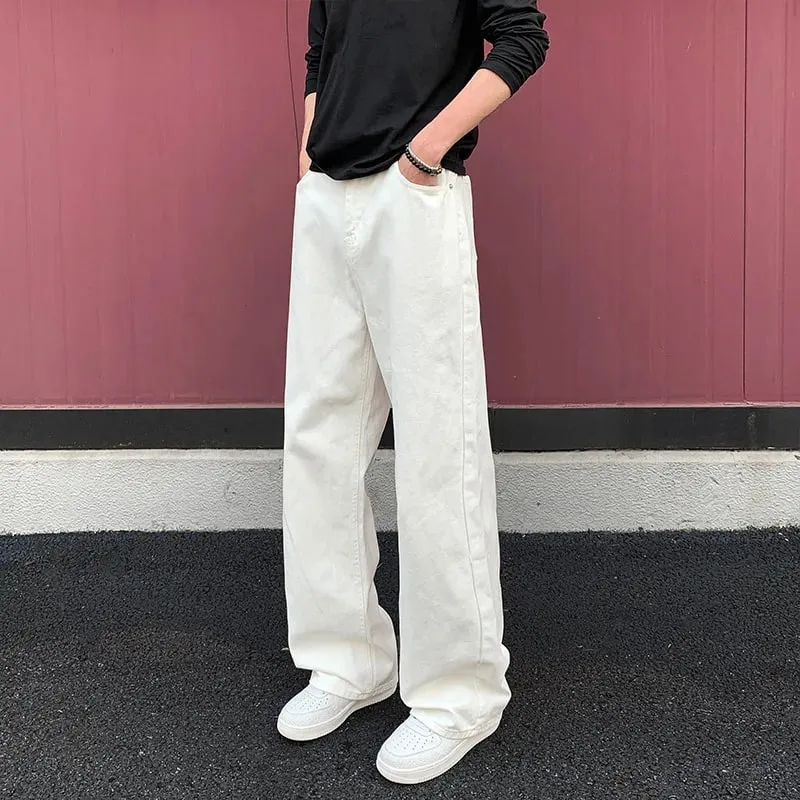 Baggy Jeans for Men Retro Style Solid White Loose Wide Leg Denim Trousers Men Casual Daily Streetwear Washed Men's Jeans Pants
