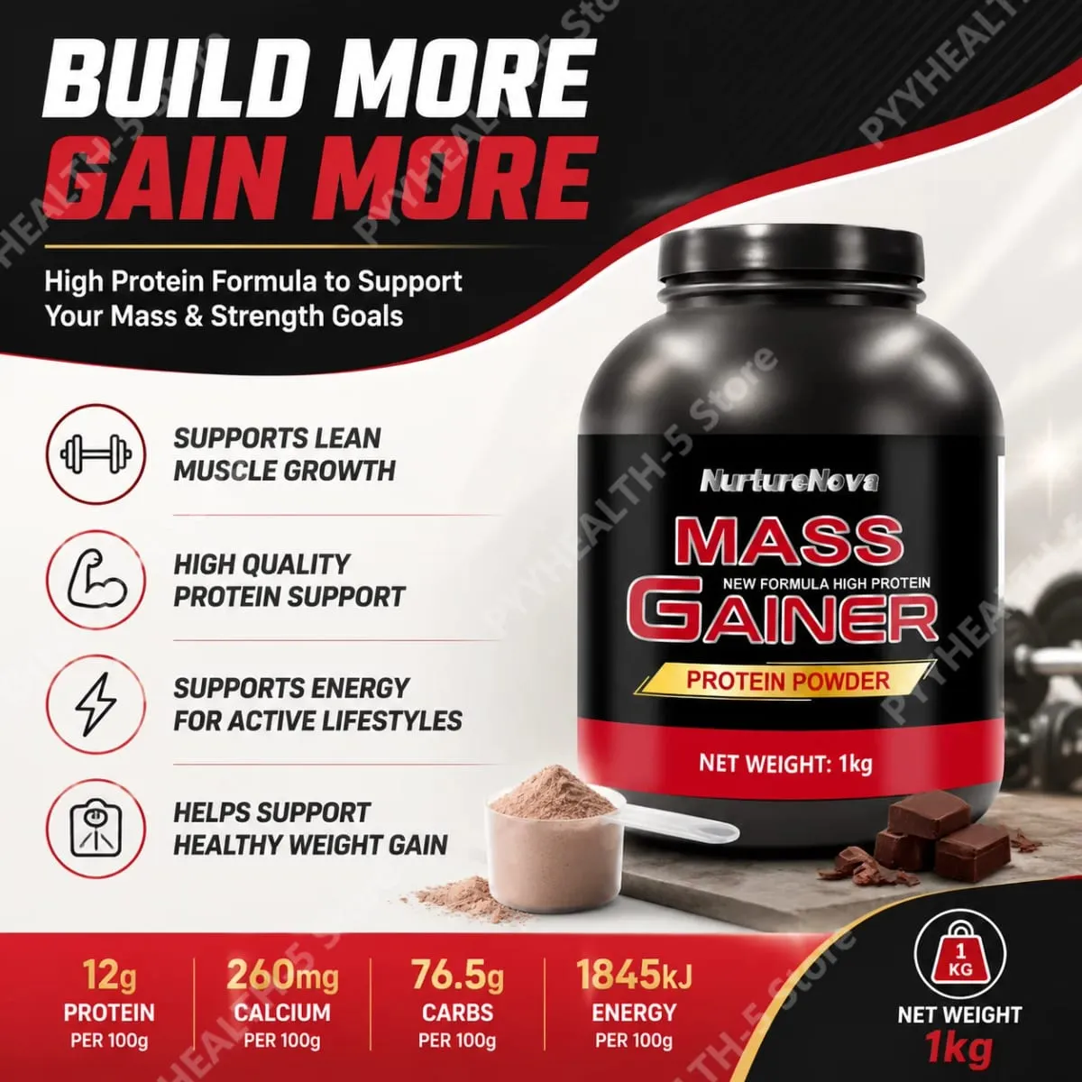 Mass Gainer Protein Powder NurtureNova New Formula High Protein for Muscle Building Support Sports Nutrition Supplement 1kg