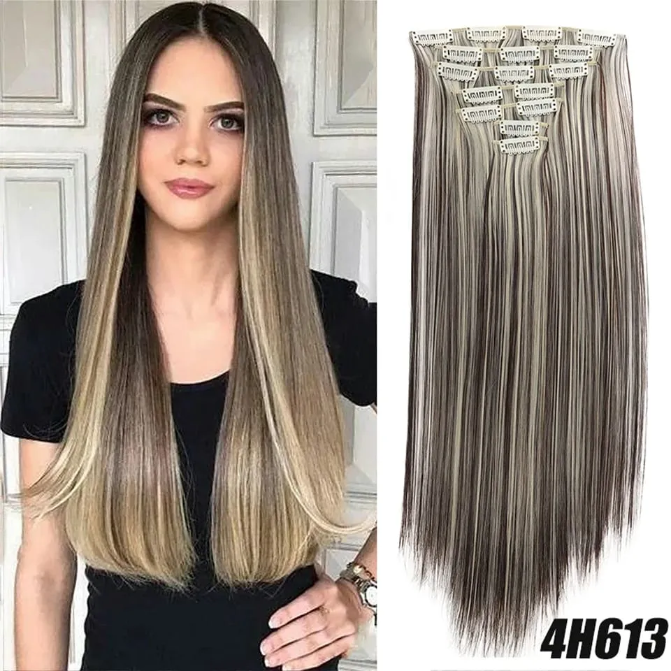 Synthetic 7-piece set with 16 card synthetic straight hair extensions suitable for women's daily party use