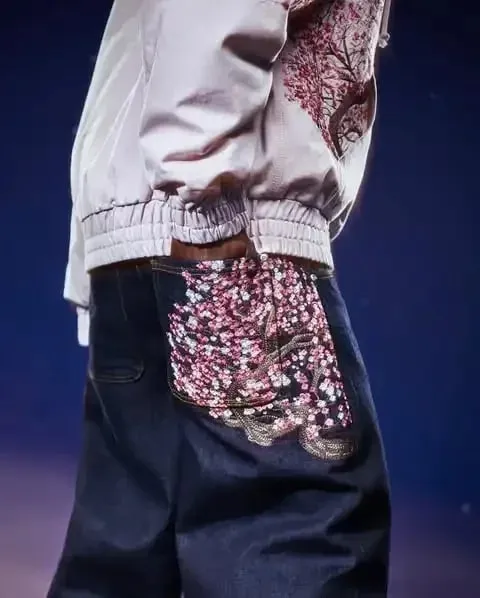 Y2K Vintage Low Waist Hip Hop Cherry Blossom Embroidered Jeans Wide Leg Trousers Clothes Mens Embroidered Baggy Jeans Womes
