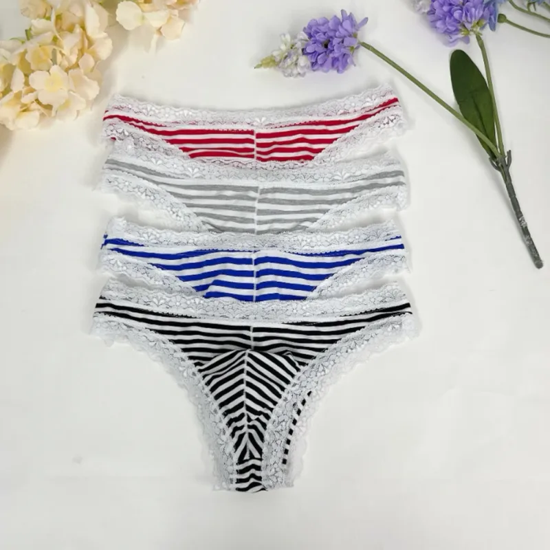 Men Lace Trim Striped G-string Underwear Half-covered Butt Low-rise Pantie Breathable Sexy U Bulge Pouch Comfortable Tong