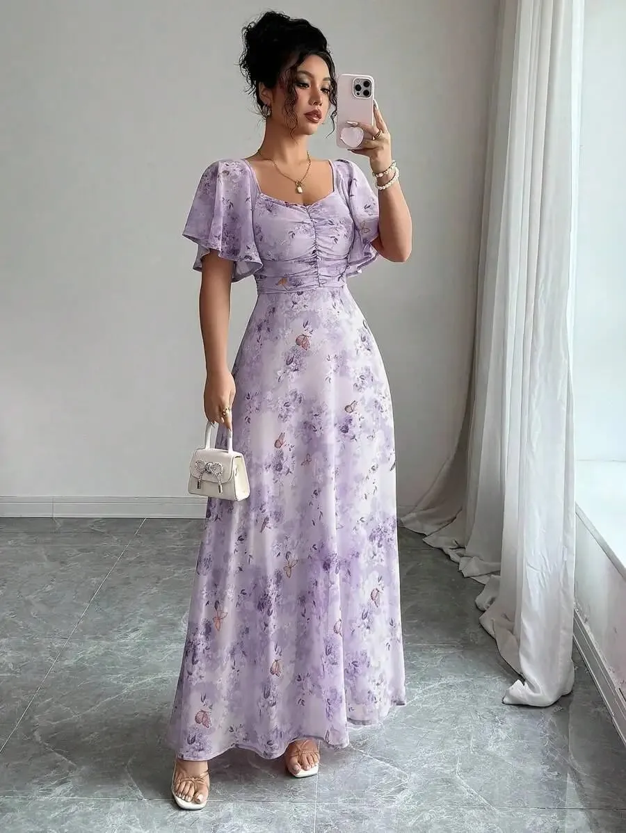 Women's Sweet French Style Mini Dress with Purple Butterfly Print Batwing Sleeves & Back Zipper