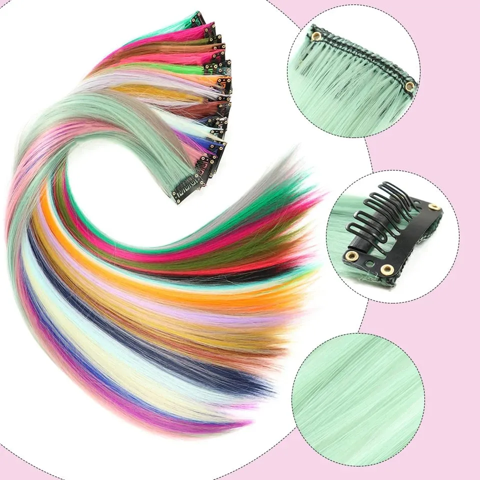 Colored Hair Extensions Synthetic 22Inch Straight Orange Green Clip in Hair Extension Rainbow Accessories Party Highlights Hair