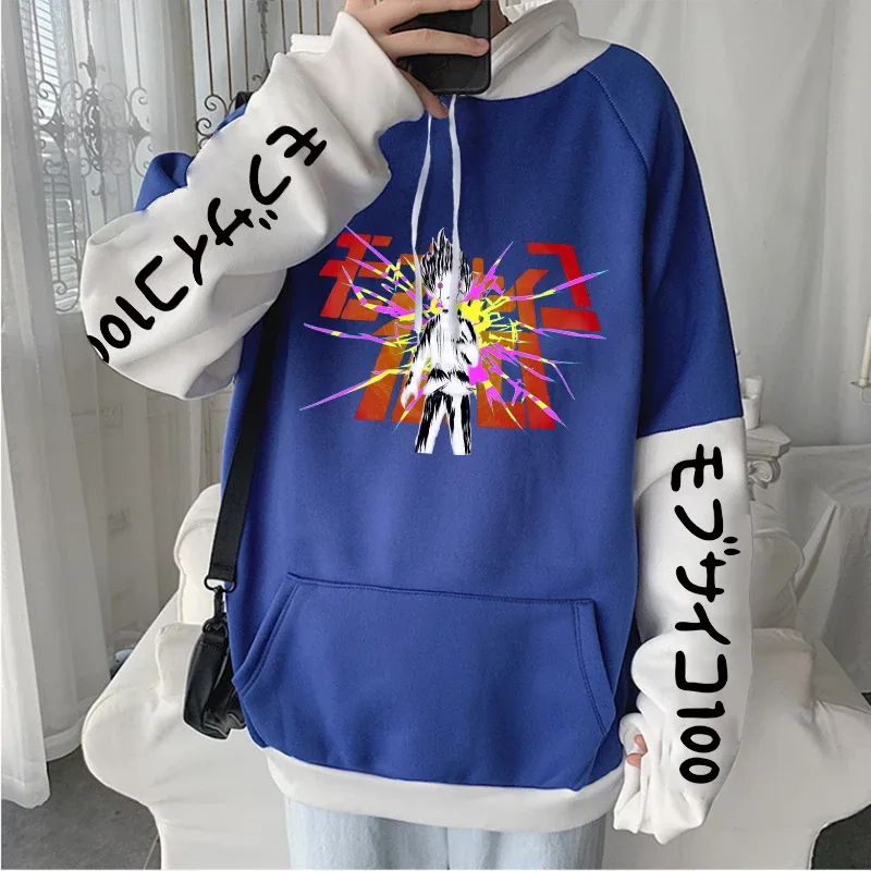 Anime Mob Psycho 100 Hoodie Harajuku Shigeo Kageyama Punk Kartun Kaus Pria Wanita Musim Gugur Musim Dingin Hangat Patchwork Kaus