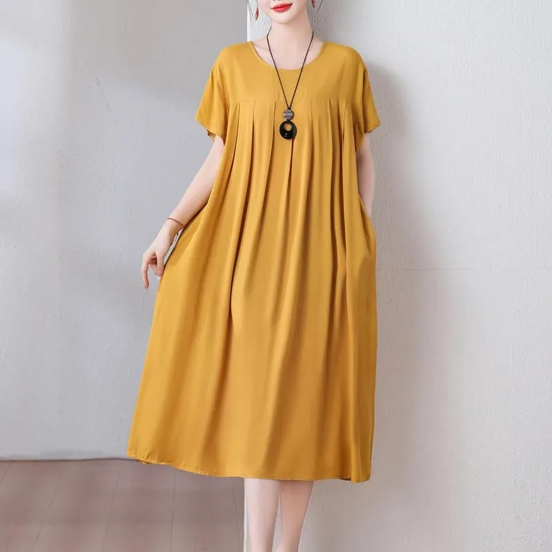 Yeni Moda Rahat 2026 Yaz Elbiseler Kadınlar Için Vintage Kısa Kollu O-Boyun Baskı Gevşek Çiçek Elbise Kadın Giysileri