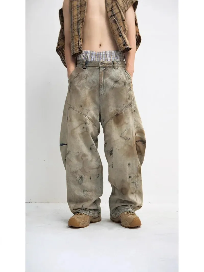 Male Winter American Style Vintage Dirty Men's Jeans 2026 Spring New High Street Design Loose Wide Leg Floor Length Denim Pants