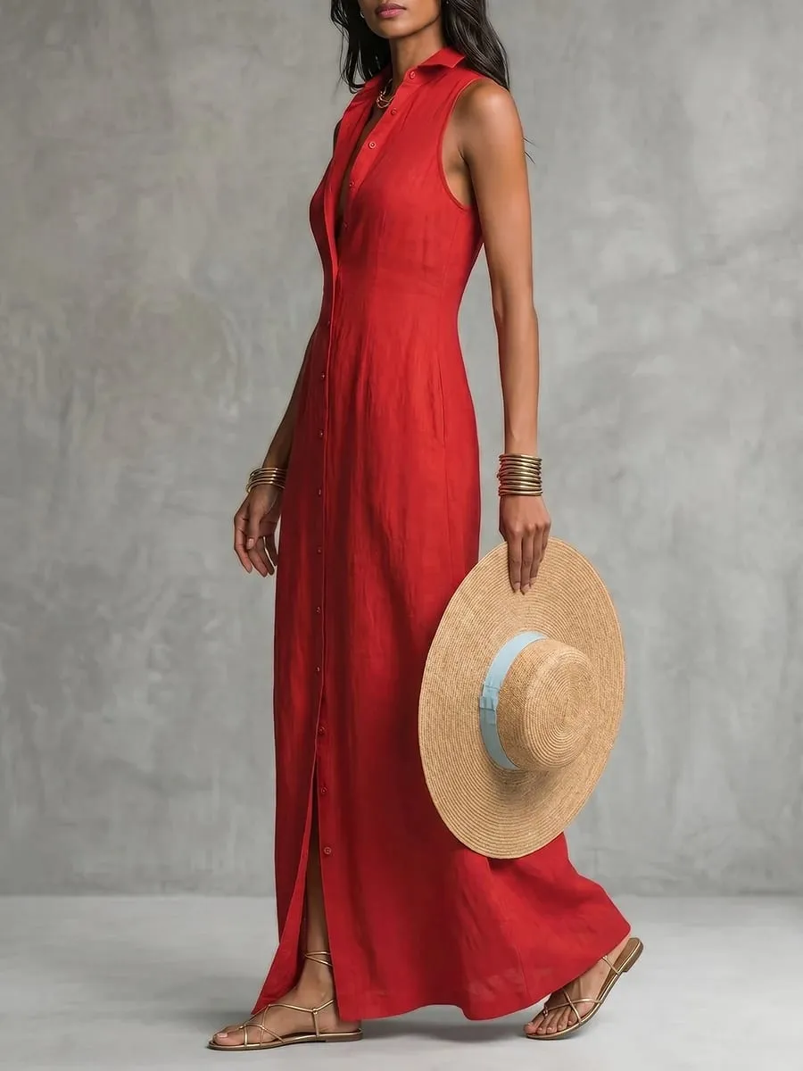 Freeacy Women Sleeveless Shirt Collar Maxi Dress 2026 Summer Solid Red Button Front Slim Fit Cotton Blended Vacation Dresses