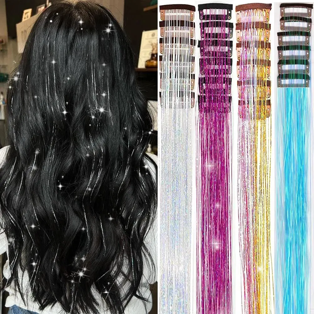 Synthetic Hair Clips in Glitter Tinsel Hair Extensions 20 Inch 6 PCS/Set Heat Resistant Sparkle Clip in Hair for Girls Women