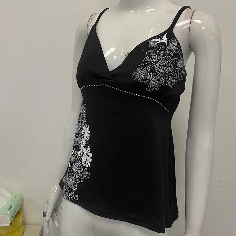 Aesthetic Flower Print Rhinestone Decorative Slim Camisole Summer V Neck Backless Fashion Street Vintage Harajuku Sleeveless Top