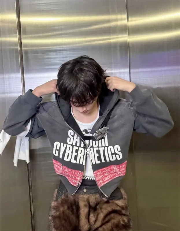 Street Brand 26SS“Cyber​​netics" Distressed Washed Old Zipper Cotton Winter High-Street Hoodies Sweater For Men