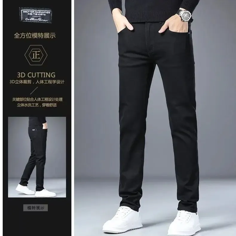 Spring Autumn New Elastic Men's Jeans Straight Leg Pants Slim Fit Business Casual Versatile Loose Wear-resistant Pants