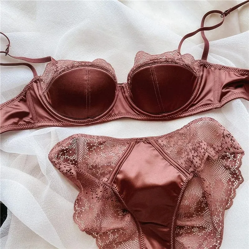 Hot Push Up Lace Bra Set Sexy Lingerie Minimizer Underwire Anti-Sagging Side Coverage Balconette for Big Bust Women 32-38 Suit