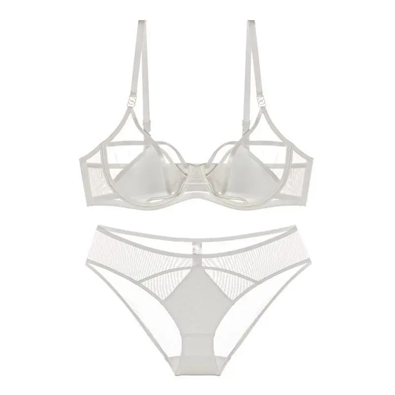 Tulle Bra & Panty Set Ultra Thin Push Up Underwire Lingerie Set Elegant Sexy Intimates Soft Wire Unpadded 32-38-S-XL