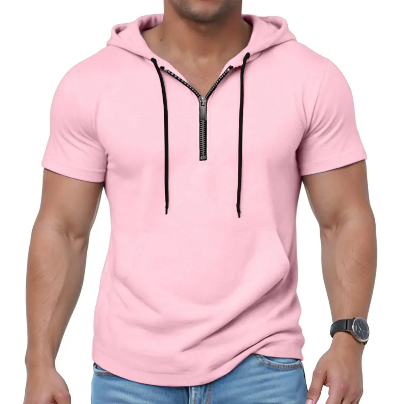 Hoodies casuais de manga curta masculina moda esportes metade zip cordão moletom mostrar mais forte solto respirável fitness hoodies — image 16