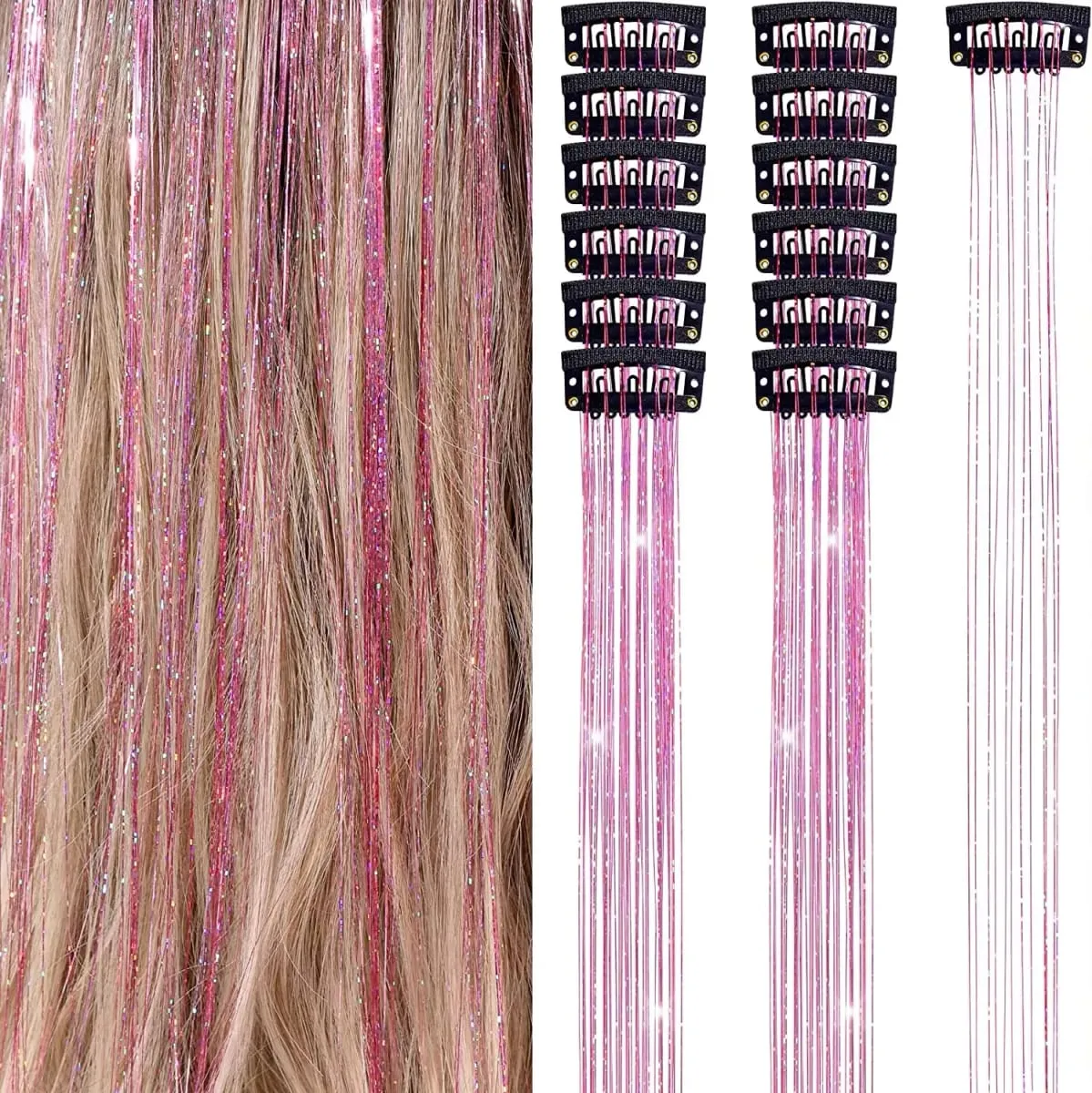 6Pcs Hair Tinsel Clip in Hair Extensions 20 Inch Synthetic Colorful Shiny Sparkle Glitter Tinsel Hair for Women Girls Cosplay