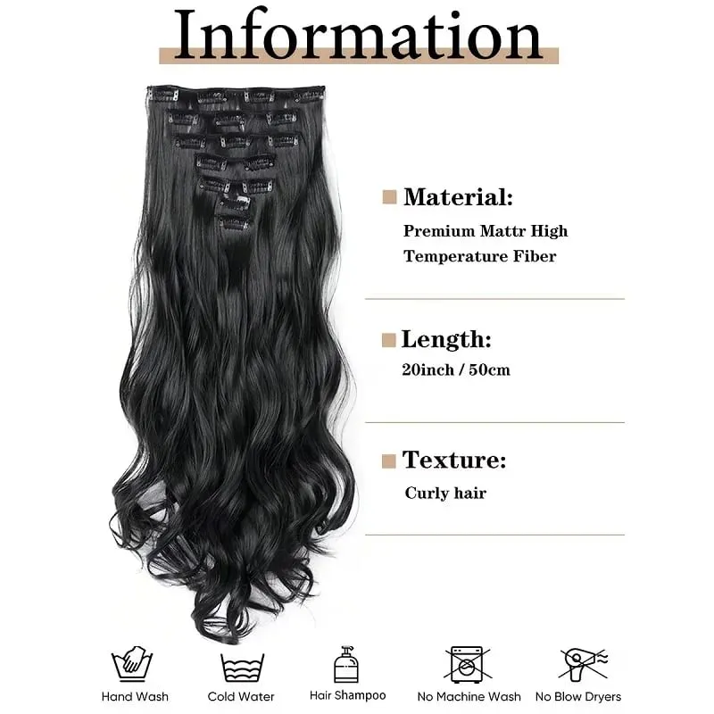 20Inch Synthetic Long Curly Clip In Hair Extensions Heat Resistant Fluffy Hairpiece for Women Daily Party Use