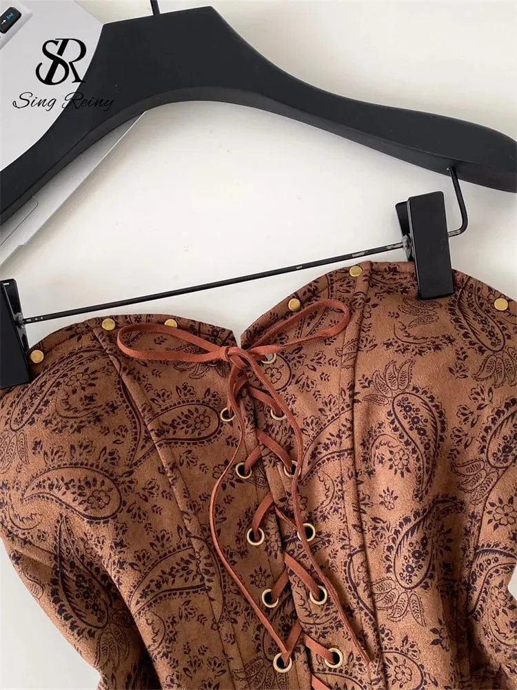 Sexy Leopard Paisley Print Top Spicy Girl Lace Up Stretch Bodycon Strapless Tank Top Ladies Hotsweet Clubwear Camisole