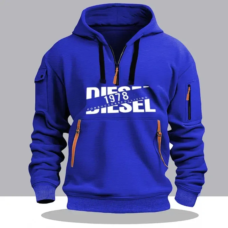Men Casual Hooded Collar Drawstring Hoodies Sweatshirts Long Sleeve Shirts Outdoor Streetwear Lightweight Zipper Design Pullover
