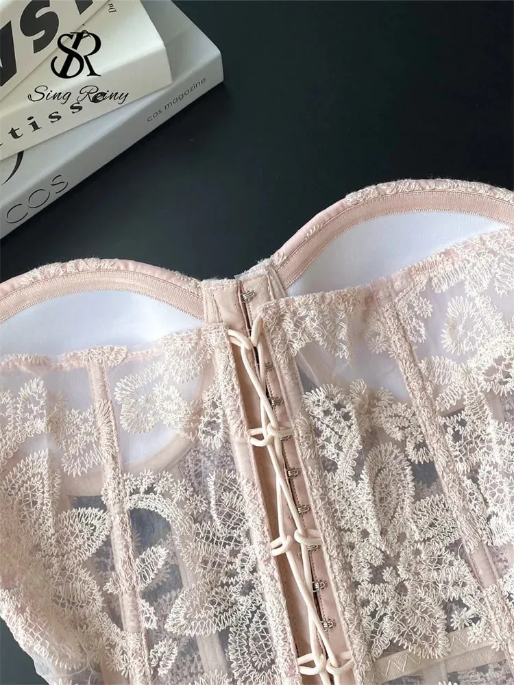 Floral Embroidery Sexy Club Top Female Strapless Slim Corset Backless Tank Top French Lace Up Basics Sheer Camisole