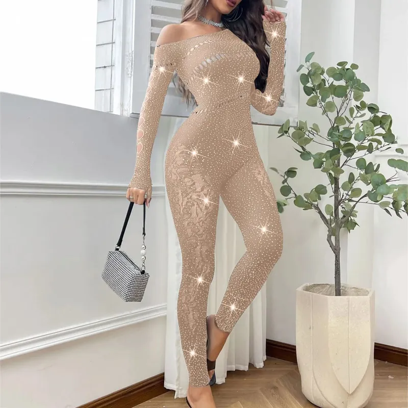 Mulheres sexy malha strass macacão manga longa ver através de alta estiramento corpo meias macacão clube plus size estoque lingerie