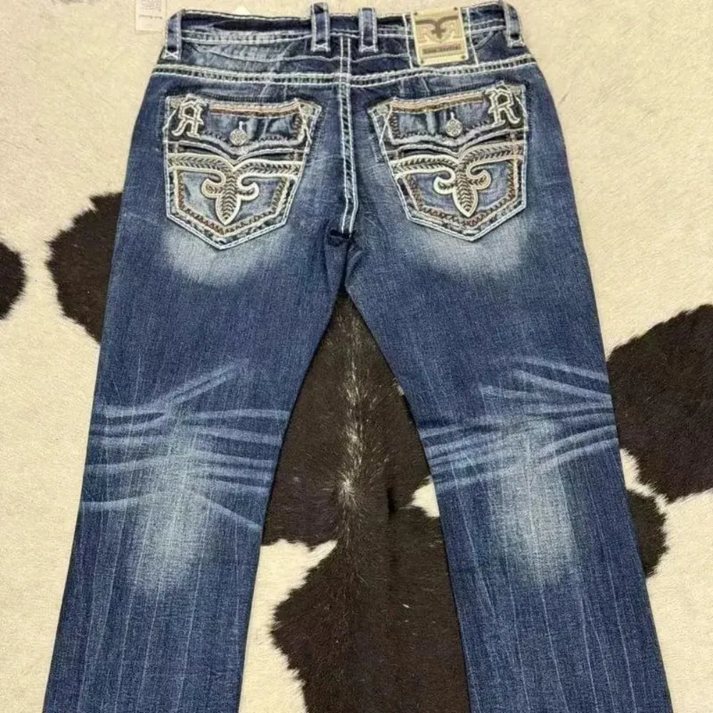 Retro trendy brand washed high elastic wide leg flared jeans Y2K summer blue embroidery American Gothic new fashion heavy street