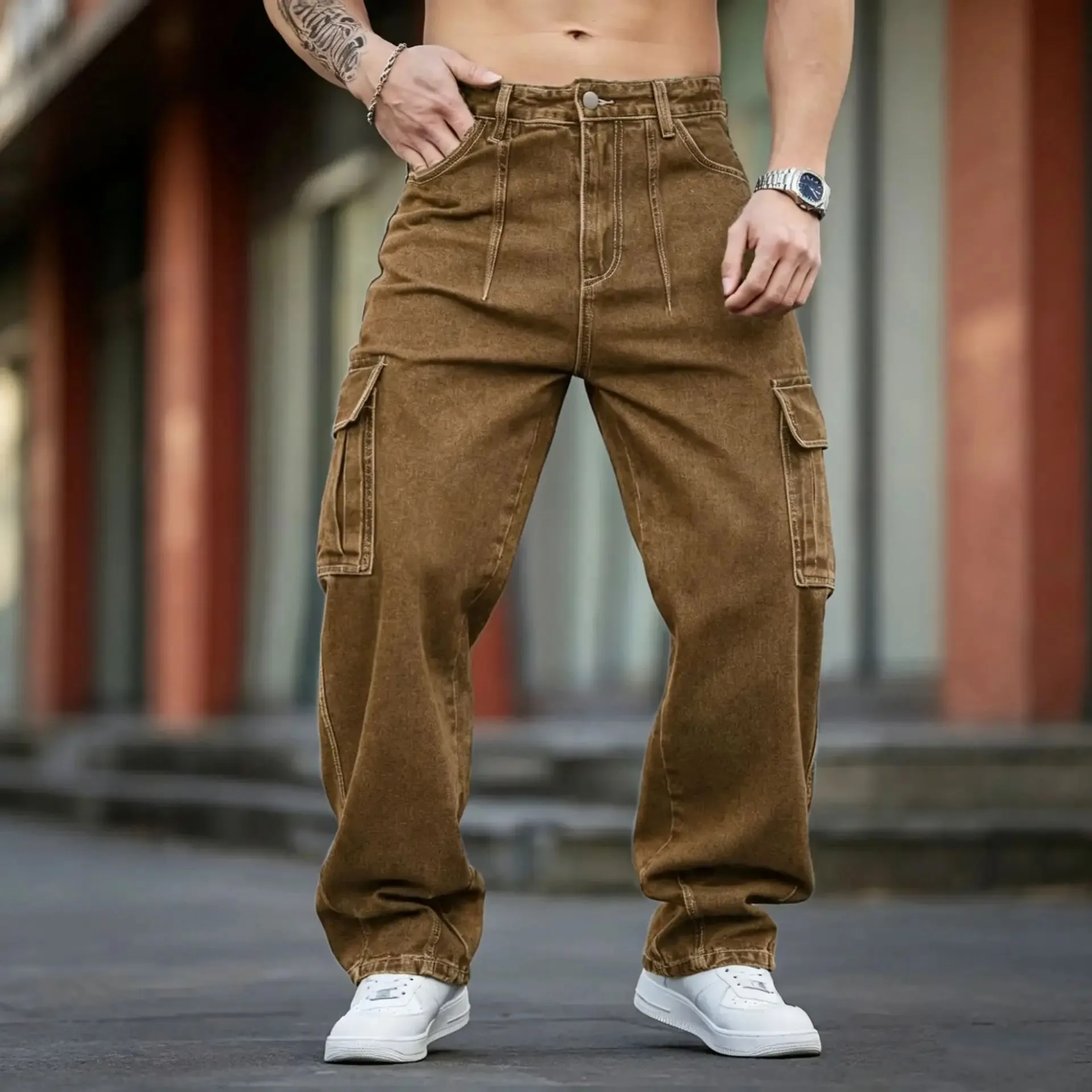 2026 New Arrival Men Cargo Jeans Multi‑Pocket Loose Wide Leg Straight Denim Pants HipHop Street Workwear Trousers