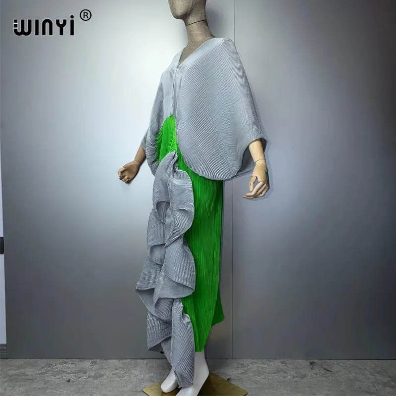 New Pleated Slim High-Fork Dress for Women Fashion Beach Cover-Up Muslim Kaftan Abaya Dubai Luxury Long Evening Gown