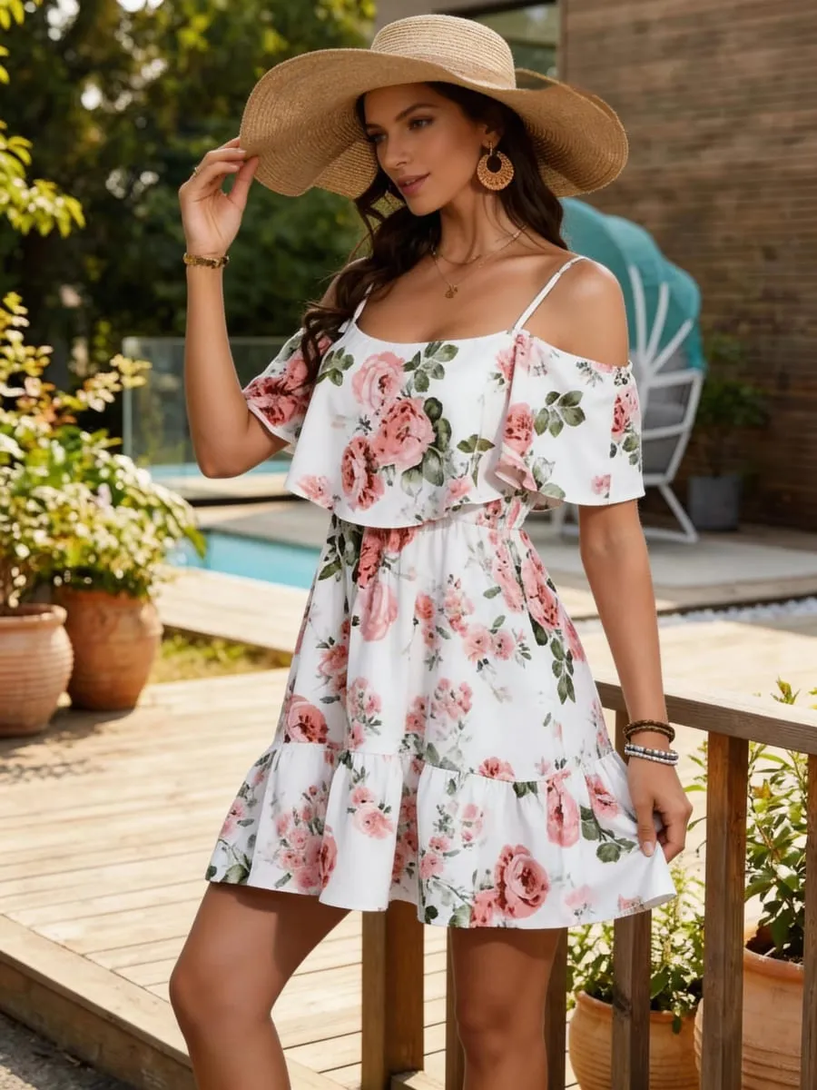 Women's European-Style Floral Print Dress Sleeveless Halter Top with Ruffled Edges Short Skirt for Summer