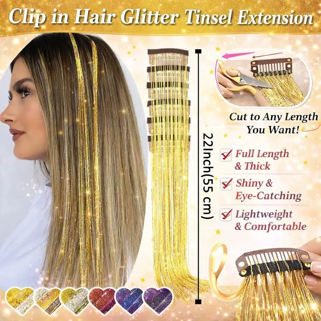 Hair Tinsel 12pcs Shiny Hair Metal Ribbon Clip Wig Piece Glitter Ribbon In Hair Party Focus Delicate Eye-Catching Gift Synthetic