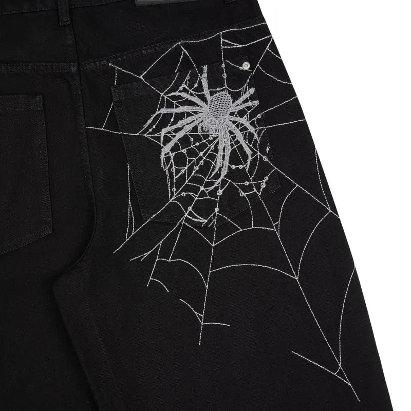 Mens Jeans Spider Web Embroidery Denim Pants Harajuku Unisex Loose Fit Straight Leg Wide Leg Streetwear Casual Fashion Trend New