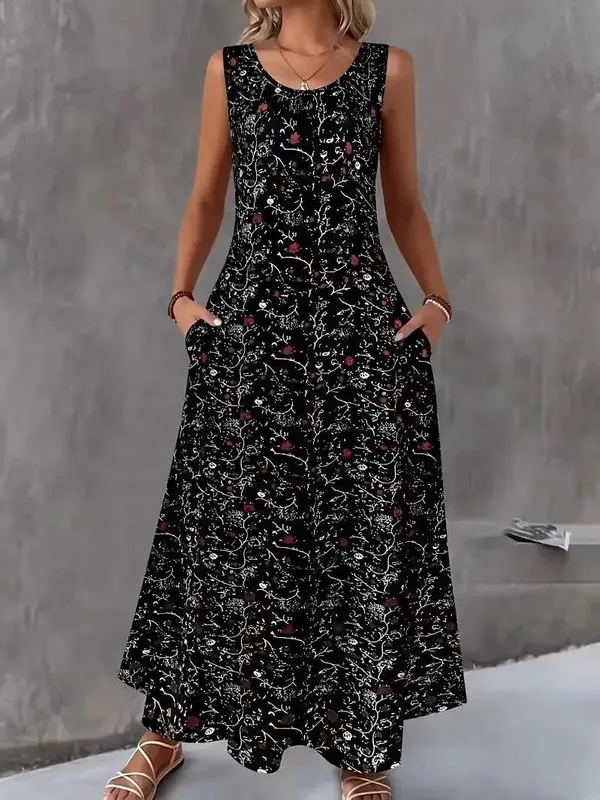 Women Summer Casual Sleeveless Floral Print Maxi Dress O Neck A-Line Long Dress With Pockets Loose Vestidos Beach Sundress