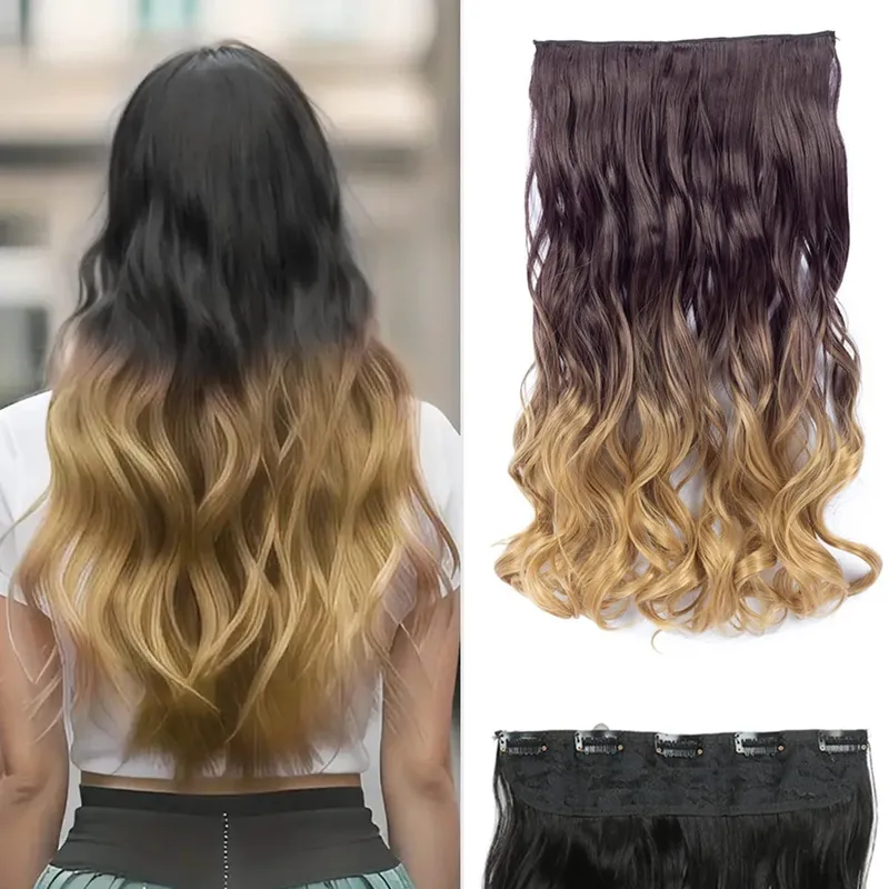 24-calowe Ombre Dip Dye Długie kręcone doczepiane włosy Dwukolorowe grube syntetyczne treski na całą głowę (od czarnego do ciemnoczerwonego)