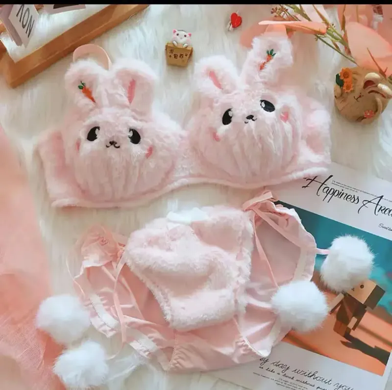 Cute Cat Paw Plush Lingerie Set for Women Warm Winter Bra & Panty with Ears Comfortable Kawaii Underwear