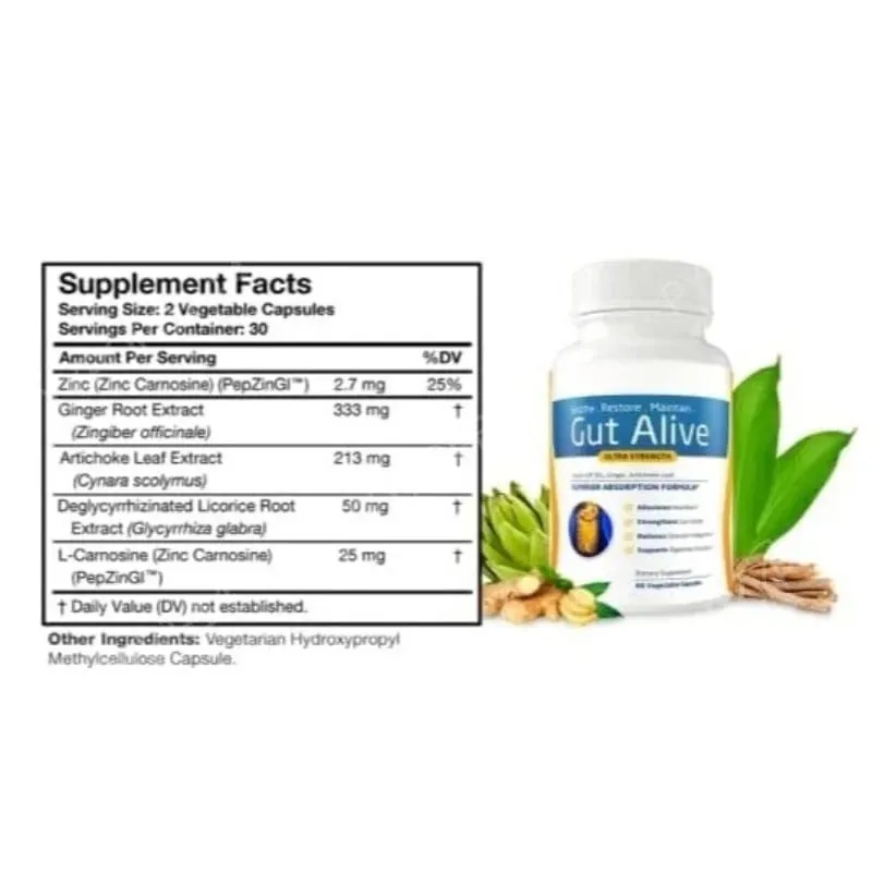 Gut Alive - All Natural Support to Fight IBS Heartburn Acid Indigestion Acid Reflux Bloating & Gas Unique Formulation 60 Count
