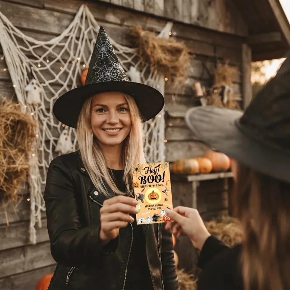 50 Halloween scratch cards Google Head Witch themed cards Halloween party games scratch to win and receive a surprise.