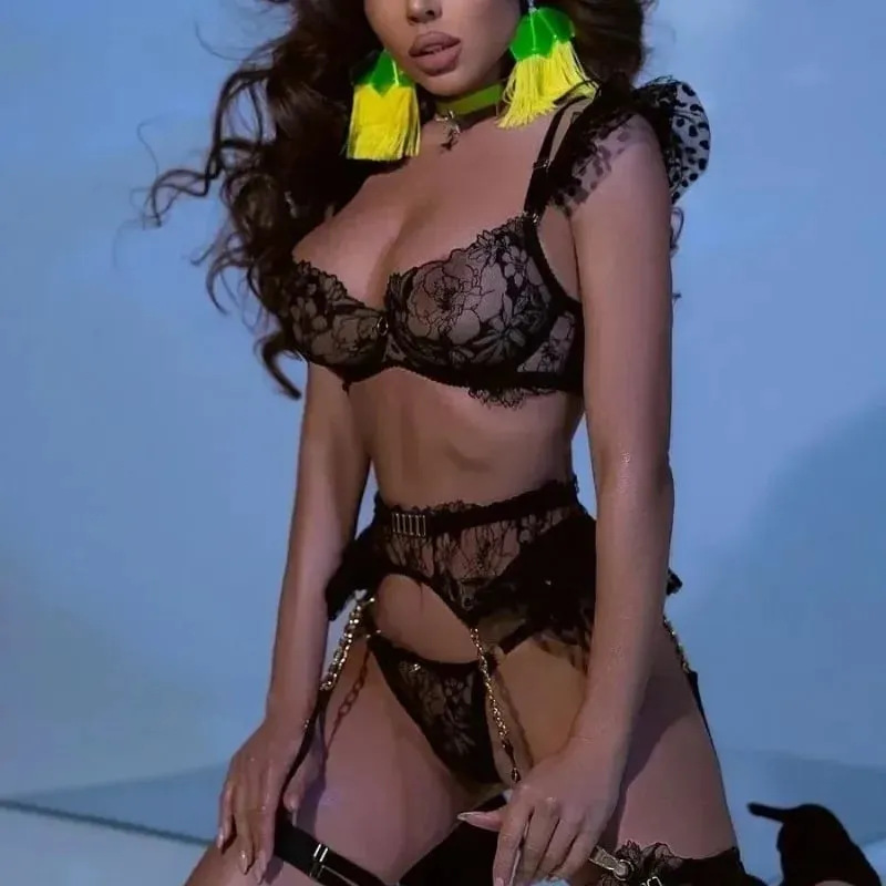 French Sexy Eyelash Lace Women's Lingerie Sets Fancy Floral Embroidery Bra Garter Belt Thong Ruffle Leg Straps Exotic Underwear