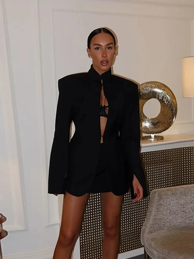 Sexy Black Hollow Blazer Dress Women Elegant Full Sleeve Shoulder Pads Cinched-waist Mini Dresses 2026 Lady Evening Dinner Robes
