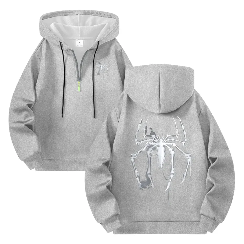 Men's Half Zip Hoodie With Personalized Spider Print Street Style Casual Sweatshirt Autumn And Winter Trendy Fitness Commute Top