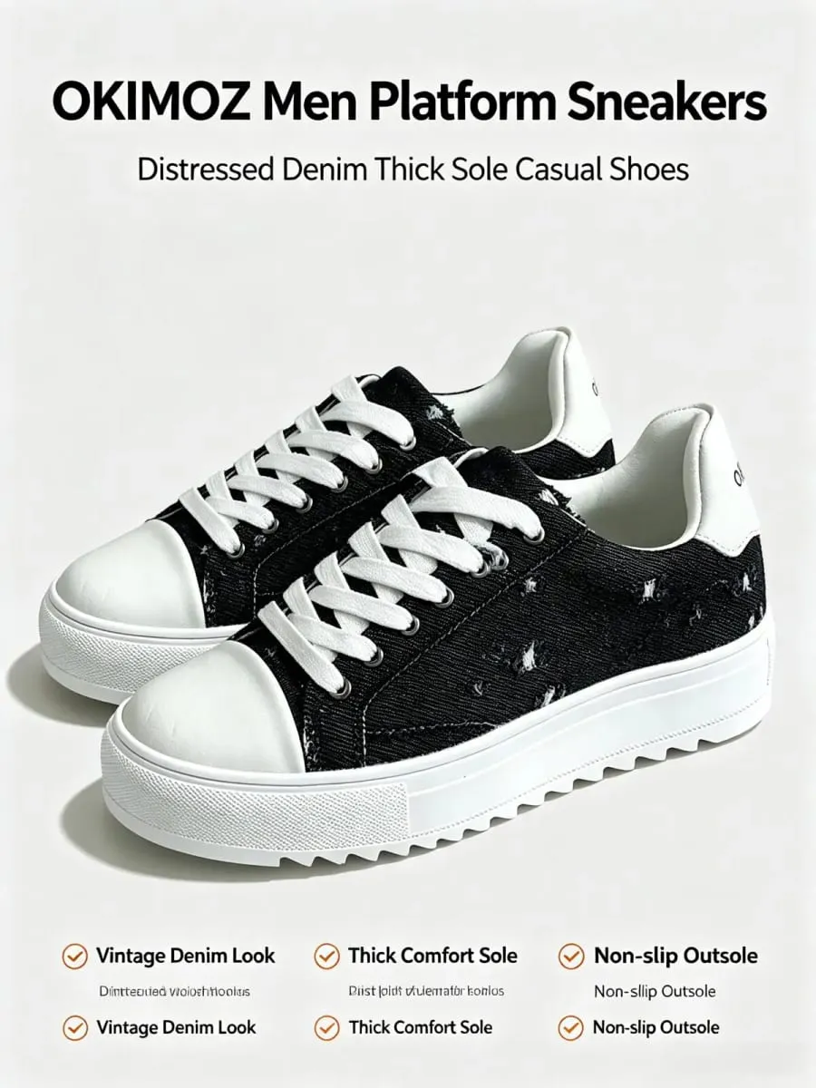 Okimoz Men Distressed Ripped Platform Canvas Sneakers Autumn Winter Low Top Lace Up Casual Campus Daily Skate Walking Shoes