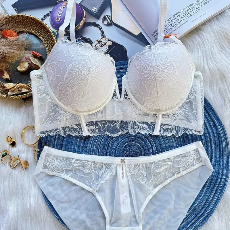 Women Sexy Lace Bra Set Embroidery Lingerie Padded Push Up Bra and Panty Set Elegant Ladies Daily Underwear