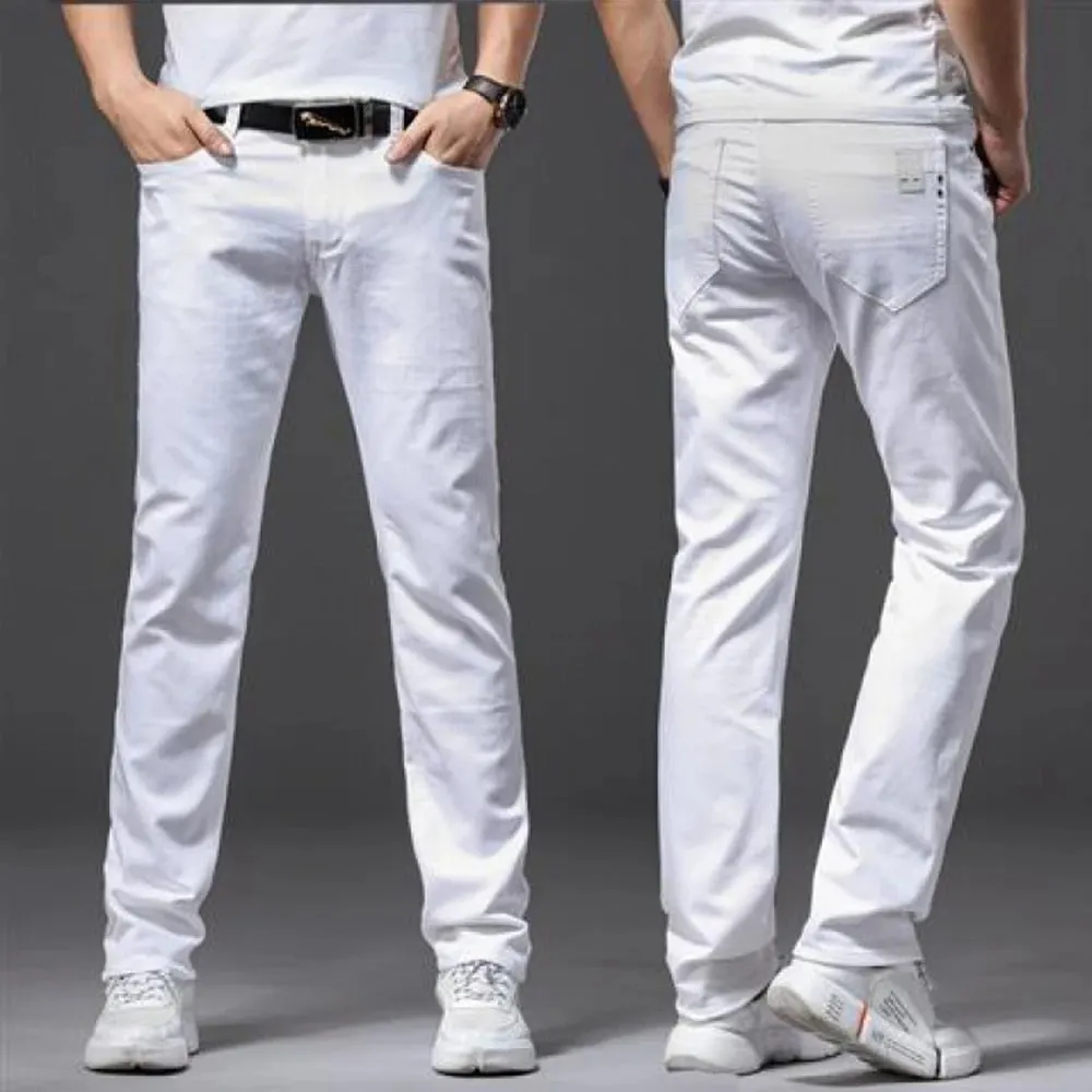 Jean blanc élastique pour hommes, coupe droite, Slim, décontracté, doux, Business, classique, marque, mode, pantalon en Denim extensible avancé