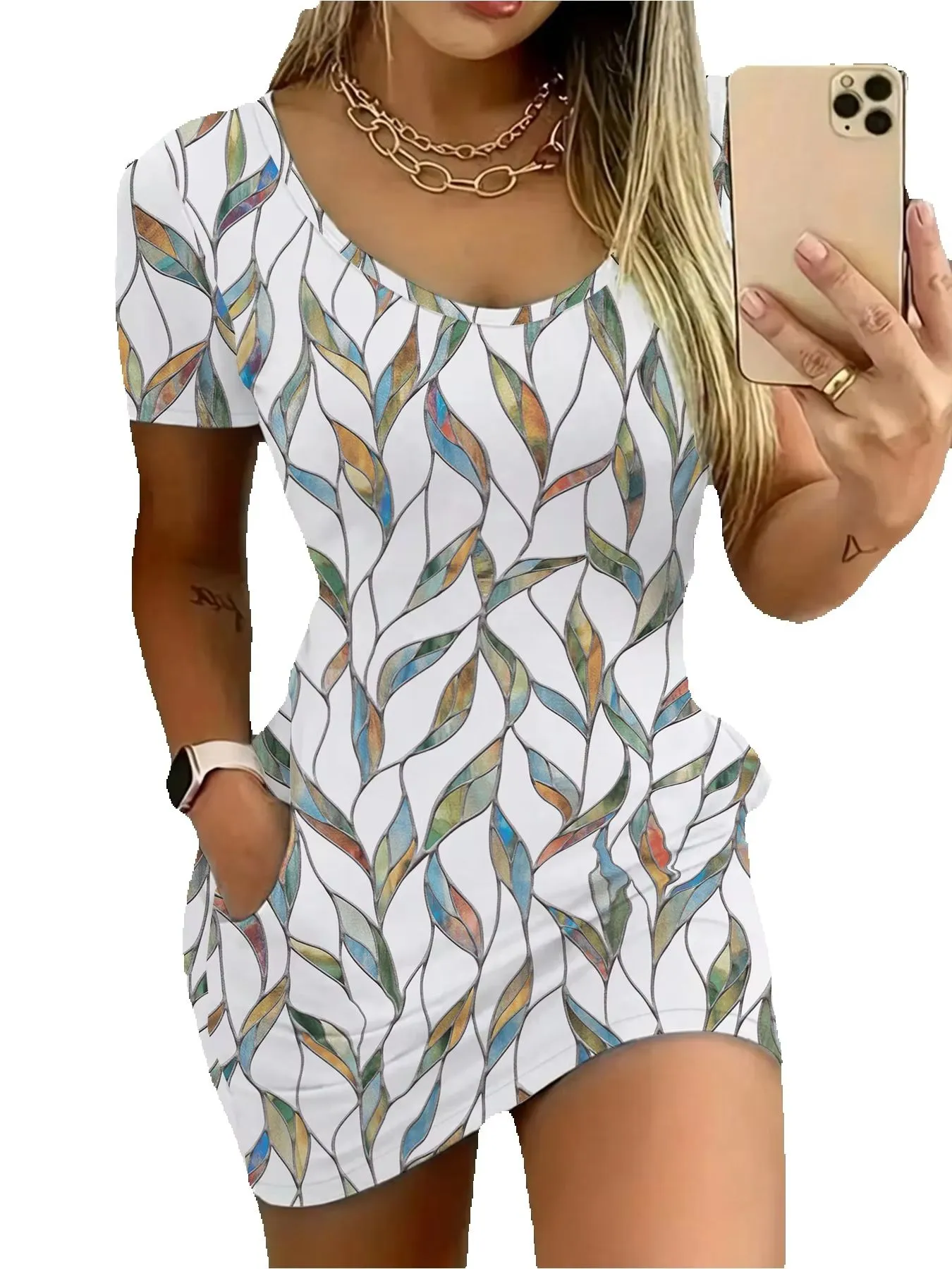 Elegant Casual round Neck Solid Color Leaf Pattern Pocket Short Sleeve Mini Skirt Long Dress Comfortable Fashion Women's Dress