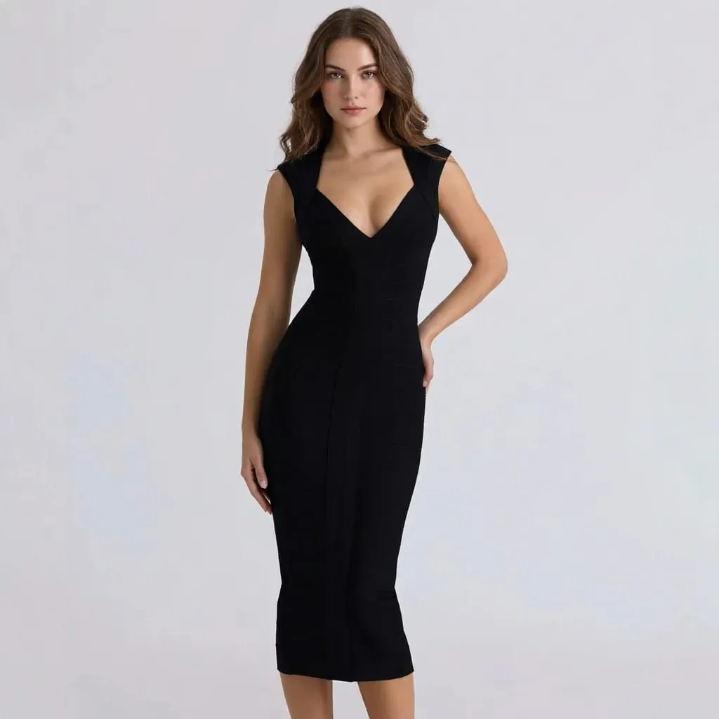 Luxury Sexy Plunge V Bandage Long Dress Women Striped Bodyocn Party Celebrity Evening Dress Elastic Knitted Vestidos