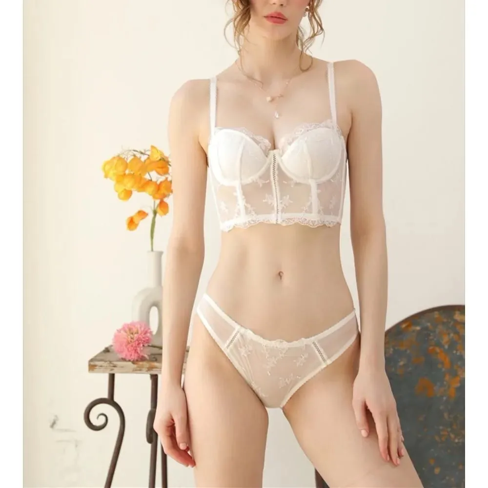 French Fishbone Corset Top Women Lace Lingerie Set Outer Wear Bra Thin Push‑Up Less Bust Side Support Underwear 32‑38