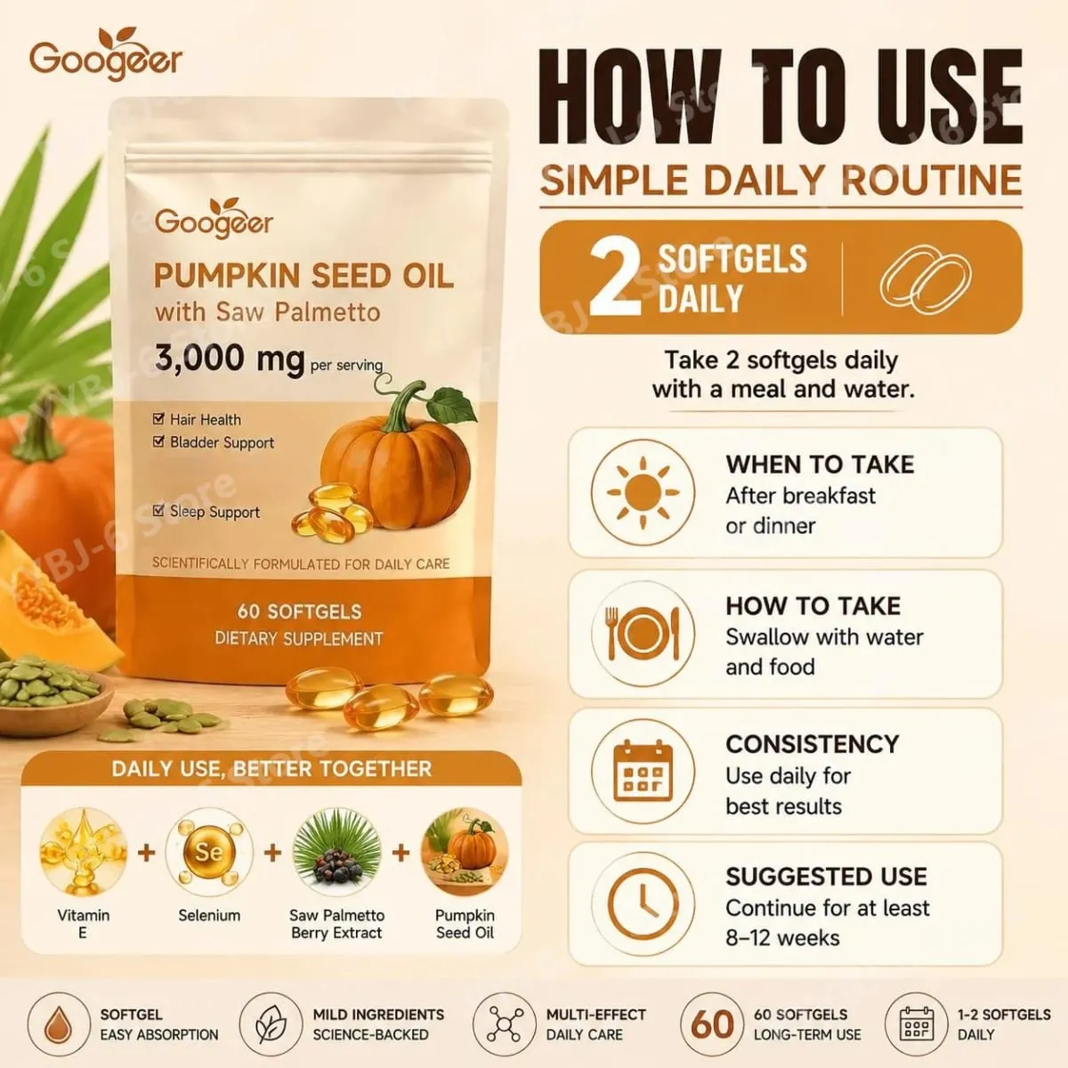 Googeer Pumpkin Seed Oil Softgels with Saw Palmetto 3000mg Hair Health Bladder Comfort Sleep Support Supplement 60 Softgels