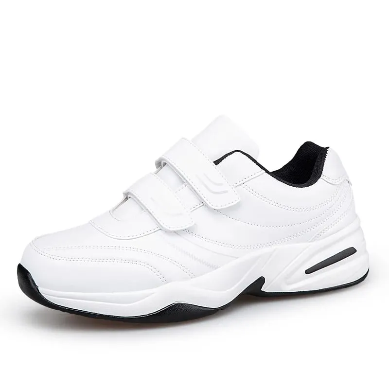 Men's Adjustable Hook And Loop Leather Sneakers Pure Black Casual Sports Shoes Big Size 47 48 Elderly Walking Shoes