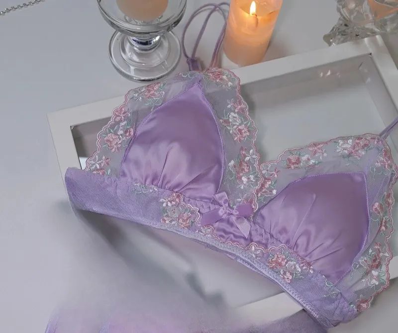 Gadis Perancis Bra Nipis Segitiga Cawan Ungu Sulaman Cahaya Sutera Mewah Set Seluar Dalam Renda Keinginan Tulen Seksi