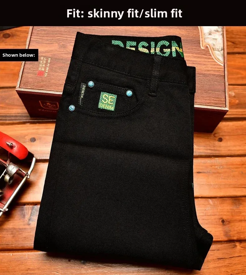 2025Autumn Fashion Simple Black Jeans for Men Trendy Embroidery Print Design Korean Style Stretch Slim Fit Skinny Pants